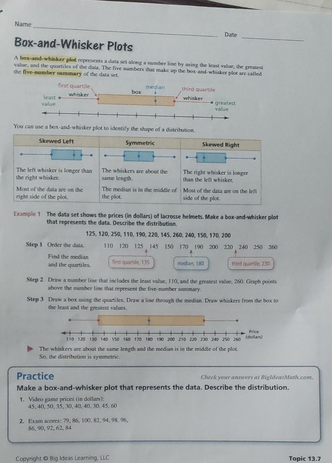 Solved A box-and-whisker plot represents a data set along a | Chegg.com