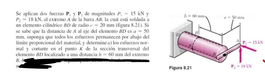 Se aplican dos fuerzas \( P_{1} \) y \( P_{2} \) de magnitudes \( P_{1}=15 \mathrm{kN} \) y \( P_{2}=18 \mathrm{kN} \), al ex