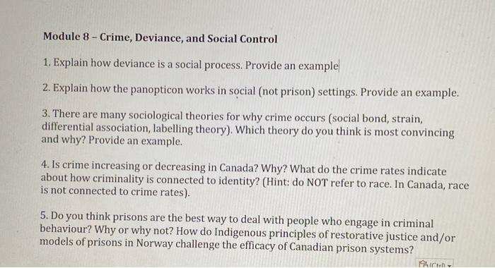 Module 8 - Crime, Deviance, And Social Control 1. | Chegg.com