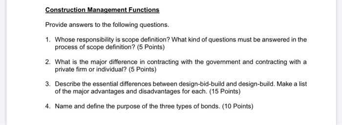 Solved Construction Management Functions Provide answers to | Chegg.com