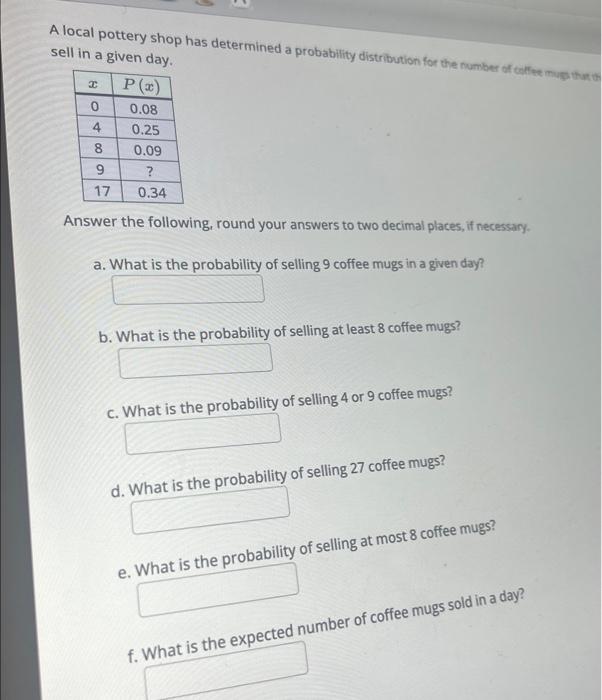Solved A local pottery shop has determined a probability | Chegg.com