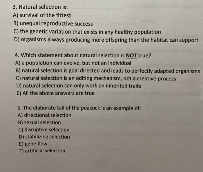 Solved 3. Natural Selection Is: A) Survival Of The Fittest | Chegg.com