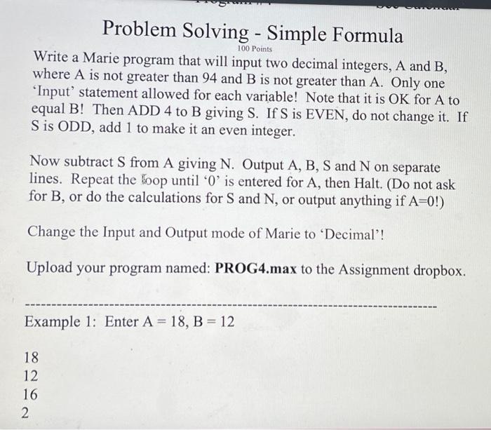 Solved Problem Solving - Simple Formula Write a Marie | Chegg.com