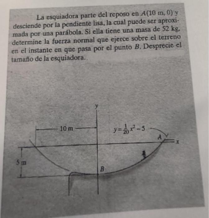 La esquiadora parte del reposo en \( A(10 \mathrm{~m}, 0) \) y desciende por la pendiente lisa, la cual puede ser aproximada