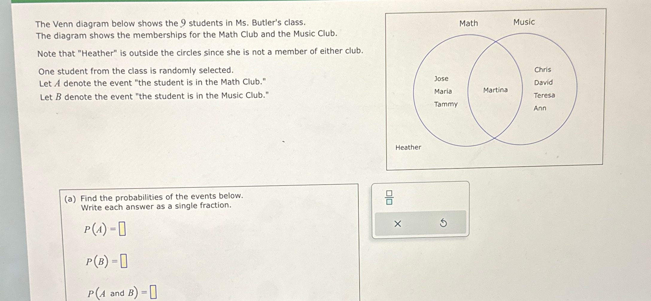 Solved The Venn diagram below shows the 9 ﻿students in Ms. | Chegg.com