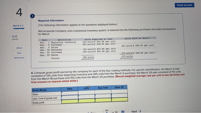 Solved Check my work 4 Part 4 of 4 Required information [The | Chegg.com