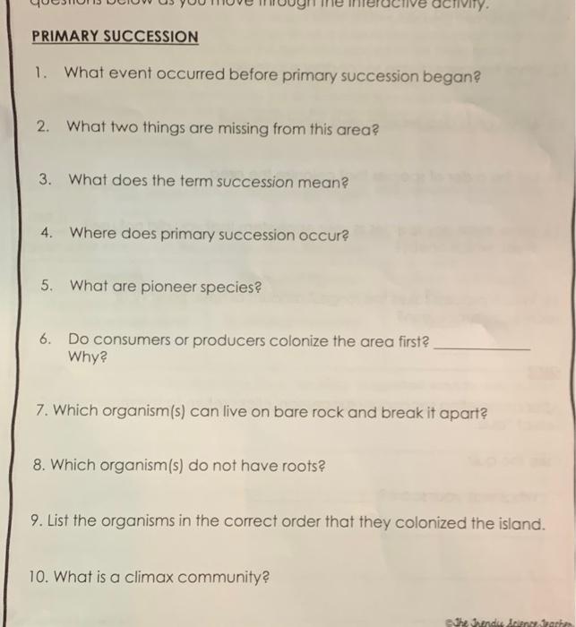 PRIMARY SUCCESSION 1. What event occurred before | Chegg.com