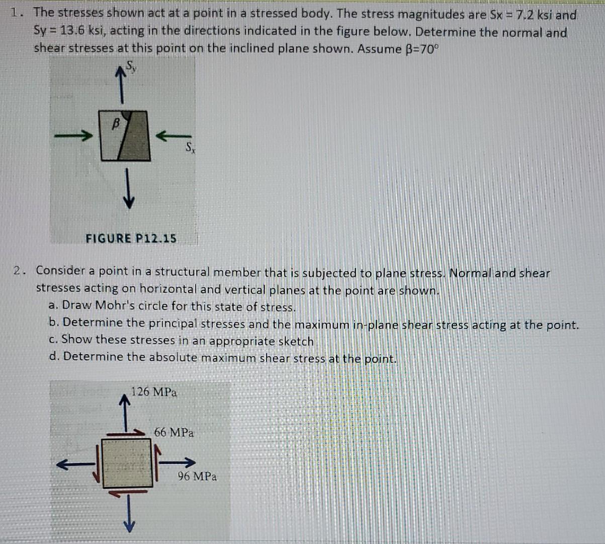 Solved 1 The Stresses Shown Act At A Point In A Stressed 1466