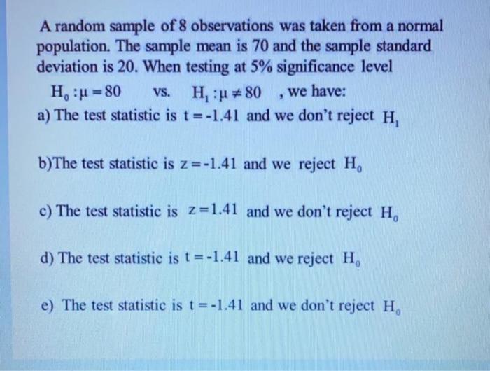 Solved A random sample of 8 observations was taken from a | Chegg.com