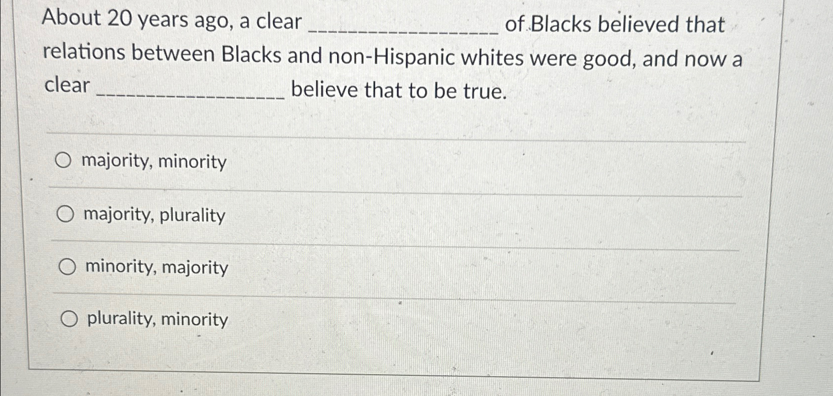 Solved About 20 ﻿years ago, a clear of Blacks believed that | Chegg.com