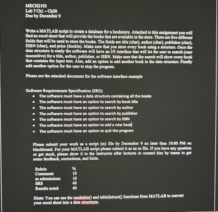 Solved Lab 7Chl−Ch20 Due by December 9 Write a MATLAB script | Chegg.com