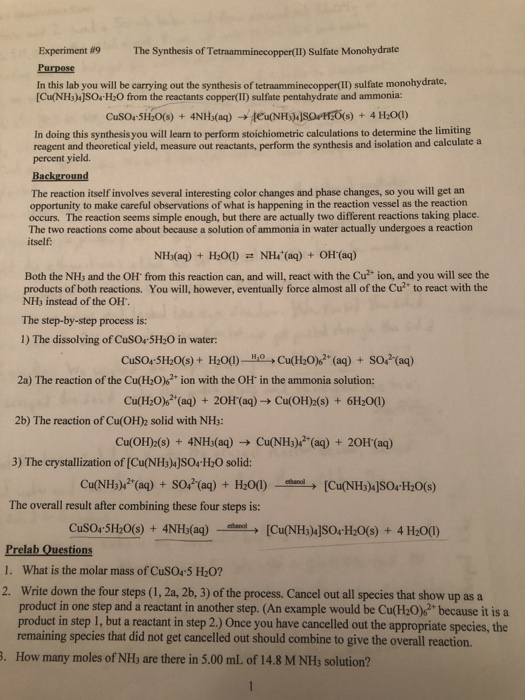 Solved: Experiment #9 The Synthesis Of Tetraamminecopper(I... | Chegg.com