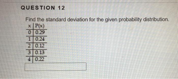 Solved QUESTION 12 Find the standard deviation for the given | Chegg.com