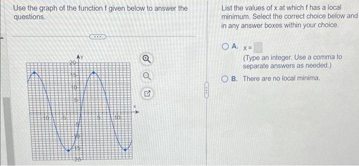 Use the graph of the function \( f \) given below to answer the List the values of \( x \) at which \( f \) has a local quest