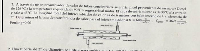 1. A través de un intercambiador de calor de tubos concéntricos, se enfria glicol proveniente de un motor Diesel de \( 126^{\