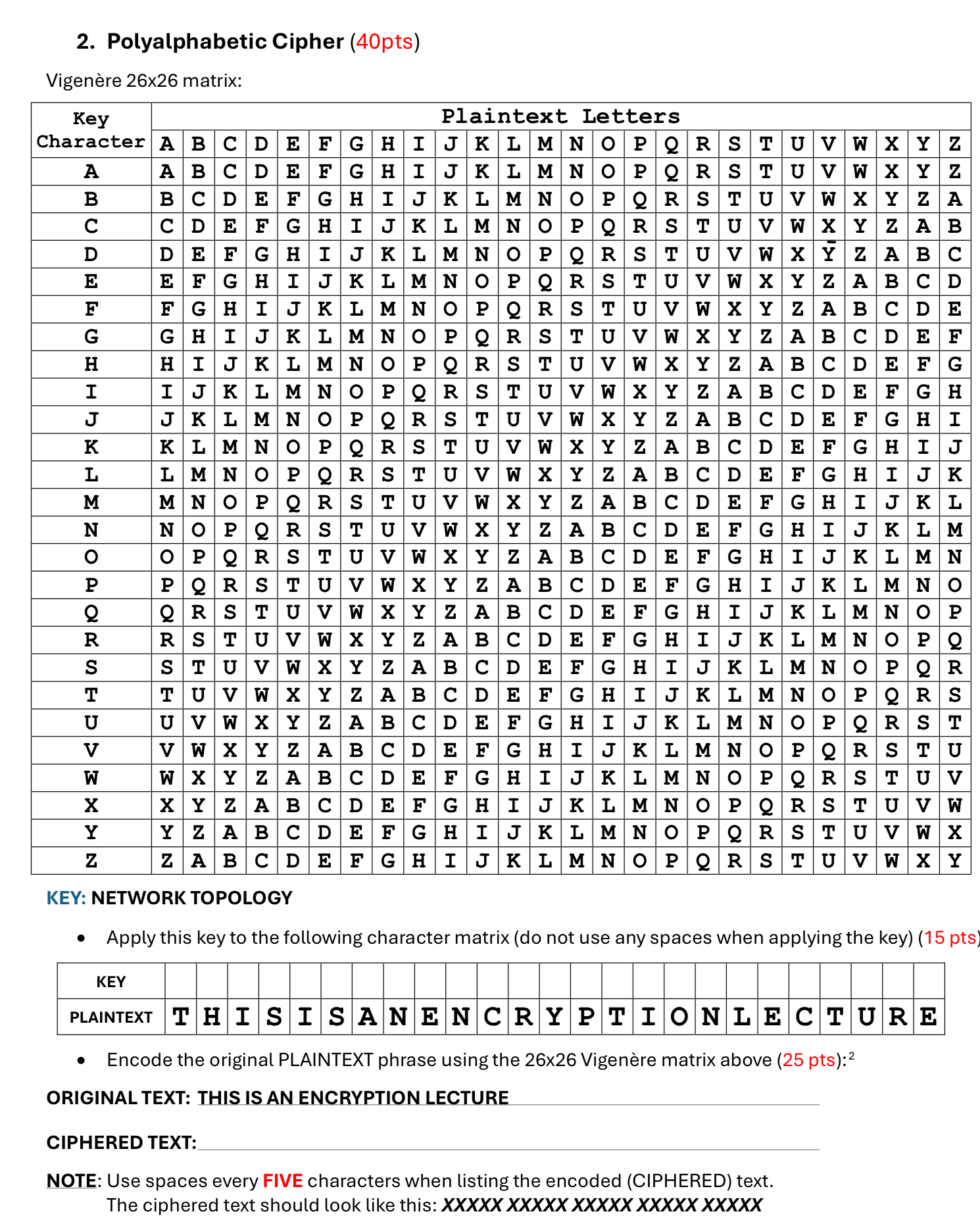 Solved Polyalphabetic Cipher Vigenère 26x26 ﻿matrix: | Chegg.com