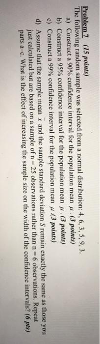 Solved Problem 7 (15 points) The following random sample was | Chegg.com