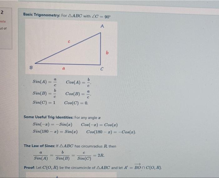 Solved 2 Basic Trigonometry: For AABC with ZC = 90° slete А