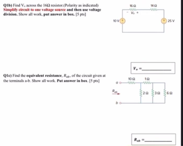 Solved Q1b) Find V. across the 162 resistor.(Polarity as | Chegg.com