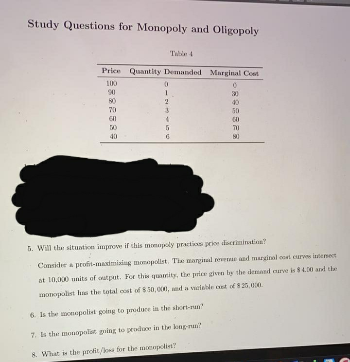 Solved Study Questions for Monopoly and Oligopoly Table 4 | Chegg.com