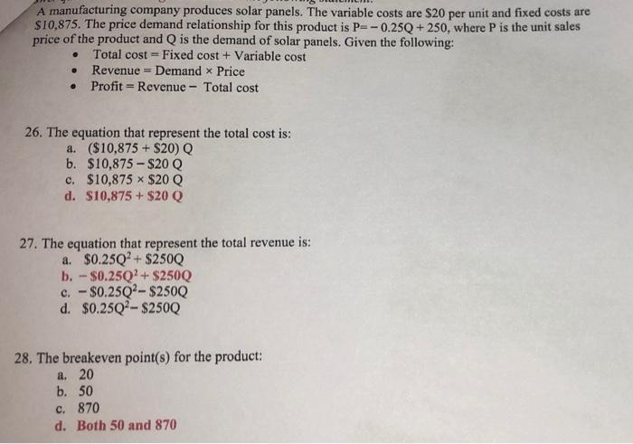 Solved A manufacturing company produces solar panels. The | Chegg.com