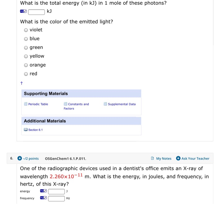 What is the total energy (in kJ) in 1 mole of these | Chegg.com