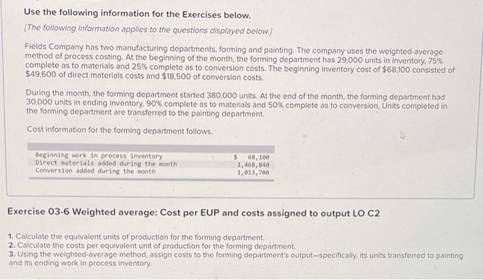 Solved Use the following information for the Exercises | Chegg.com