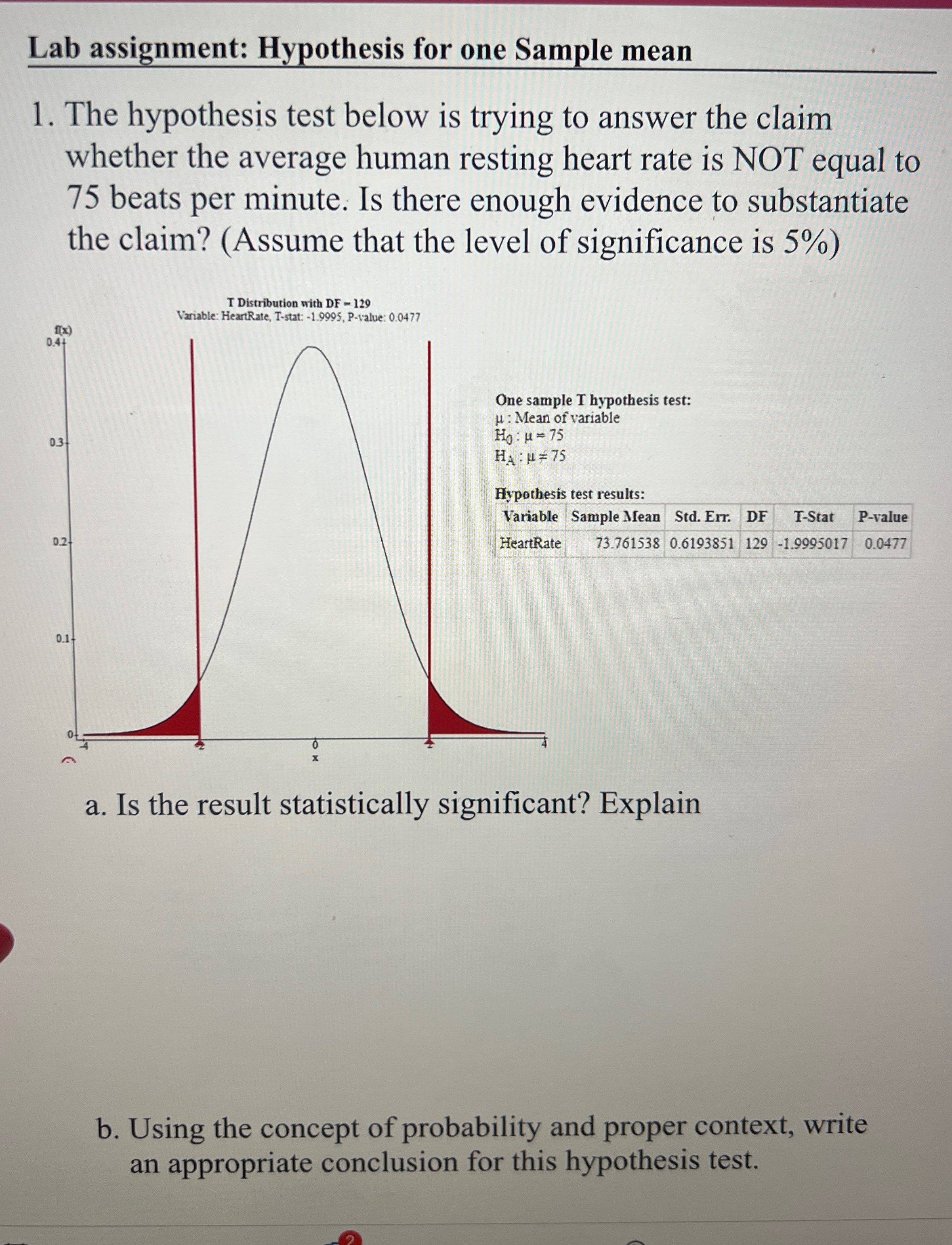 Solved Lab assignment: Hypothesis for one Sample meanThe | Chegg.com