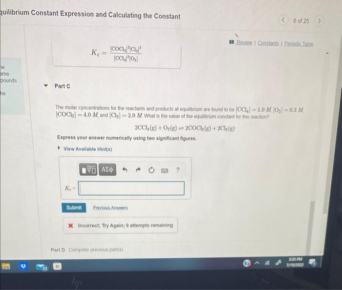 Solved quilibrium Constant Expression and Calculating the | Chegg.com