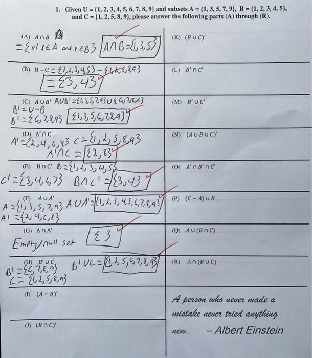 Solved 1 Given U 1 2 3 4 5 6 7 8 9 And Subse Chegg Com