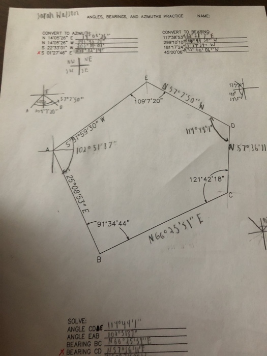 Solved Sorah Nam ANGLES, BEARINGS, AND AZIMUTHS PRACTICE
