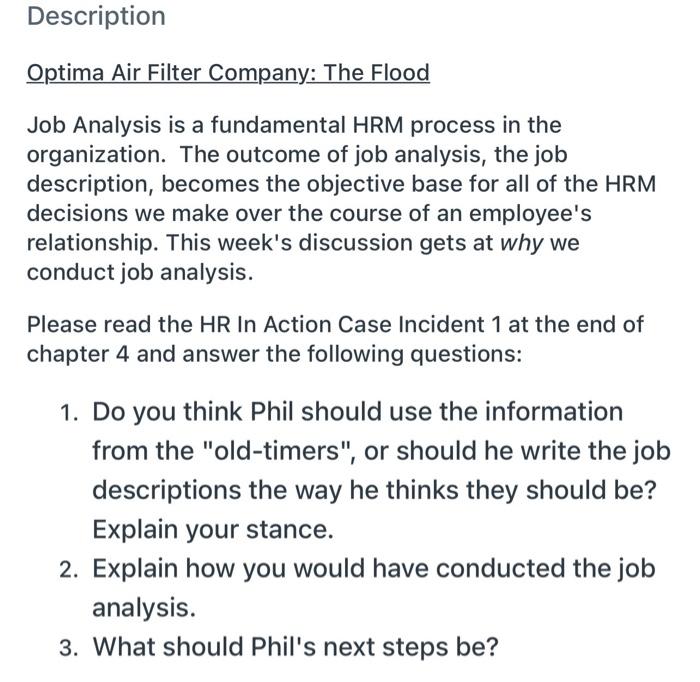 Solved Description Optima Air Filter Company The Flood Job