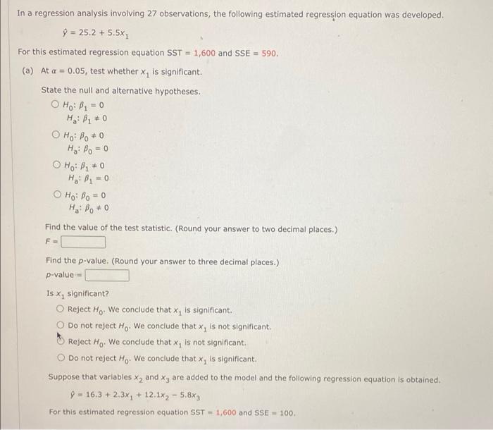 Solved In a regression analysis involving 27 observations, | Chegg.com
