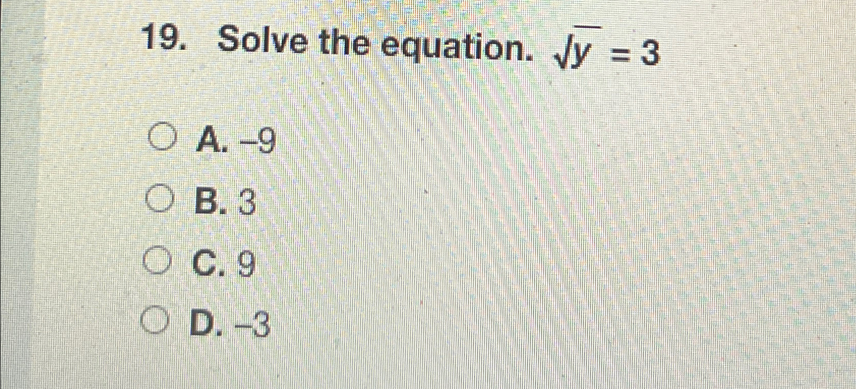 Solved Solve the equation. y2=3A. -9B. 3C. 9D. -3 | Chegg.com