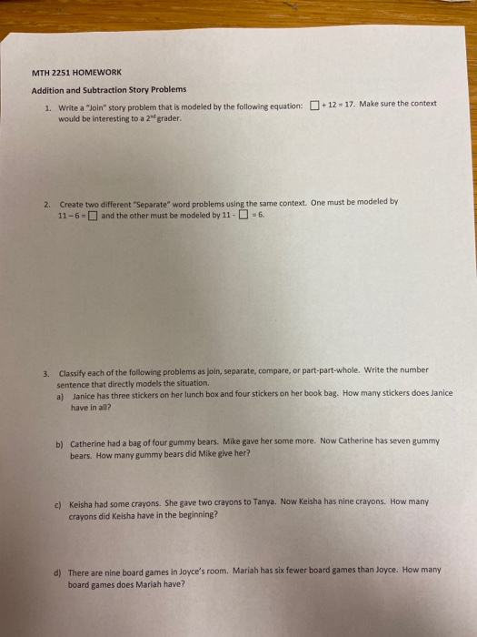 Solved MTH 2251 HOMEWORK Addition And Subtraction Story Chegg