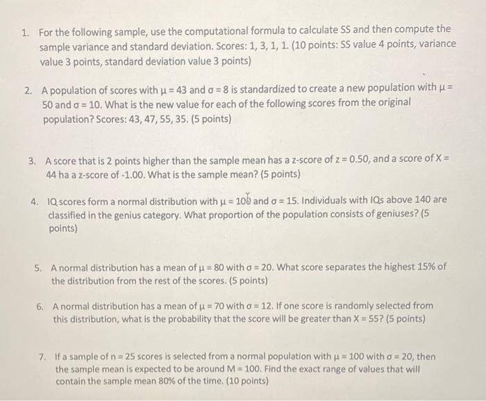 Solved 1. For the following sample, use the computational | Chegg.com