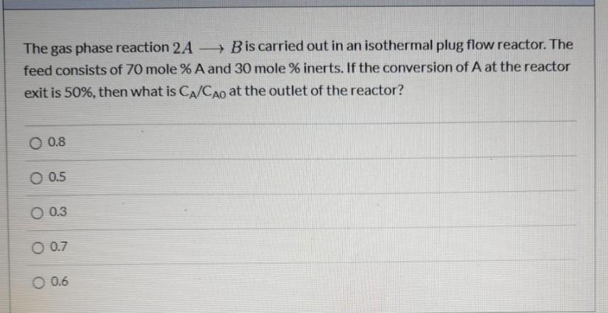 Solved The gas phase reaction 2A — → B is carried out in an | Chegg.com