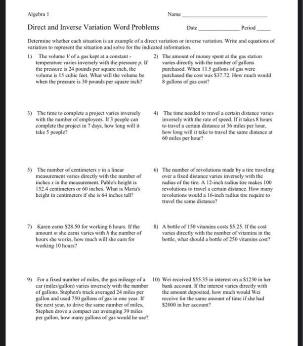 Solved Algebra 1 Name Direct And Inverse Variation Word Chegg