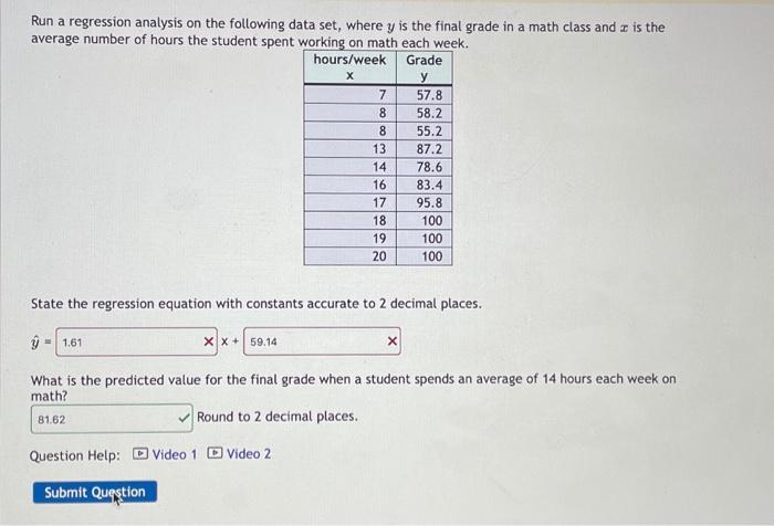 Solved х Run a regression analysis on the following data | Chegg.com