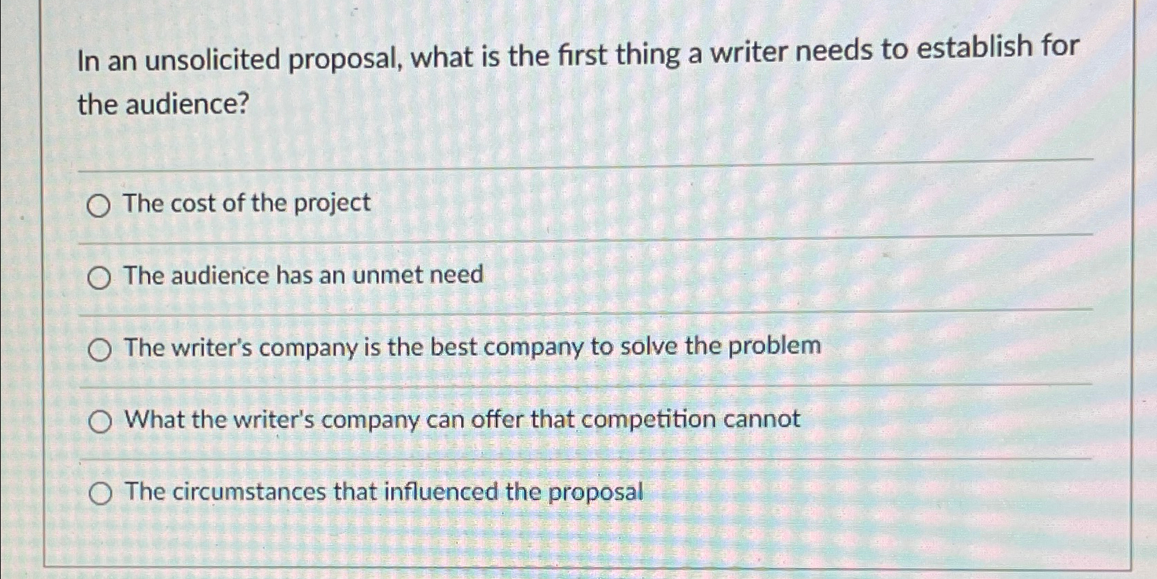Solved In an unsolicited proposal, what is the first thing a | Chegg.com image.