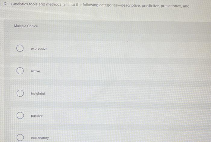 Solved Data analytics tools and methods fall into the | Chegg.com