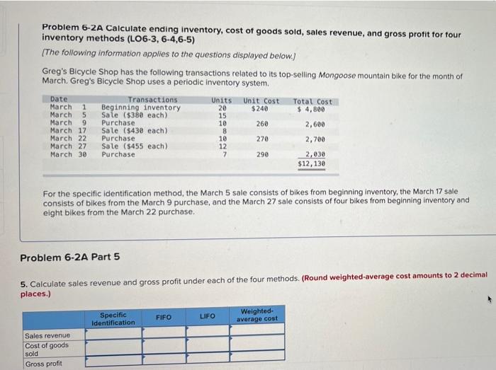 Problem 6-2A Caiculate ending inventory, cost of goods sold, sales revenue, and gross profit for four inventory methods (LO6-