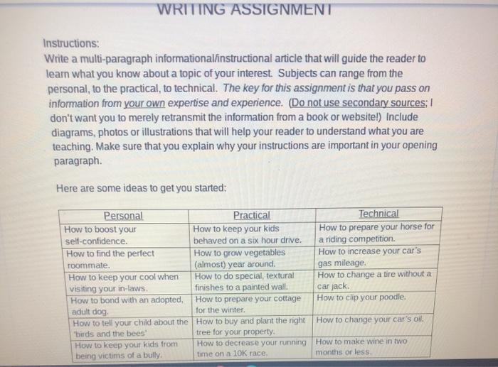 WRITING ASSIGNMENT Instructions: Write a | Chegg.com