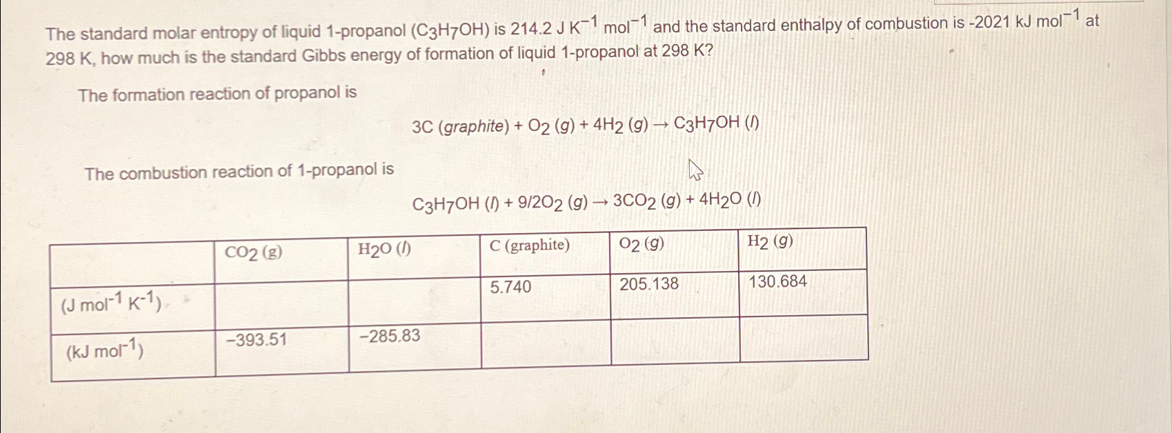 Solved The standard molar entropy of liquid 1-propanol | Chegg.com