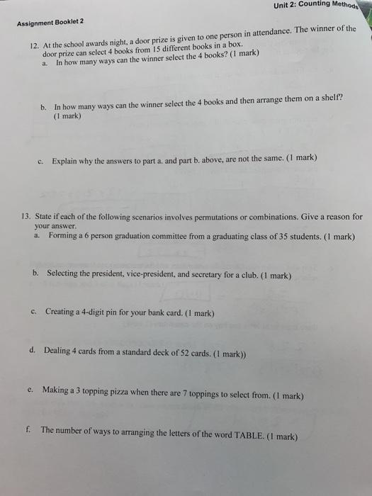 Unit 2 Counting Methods Assignment Booklet 2 12 At Chegg Com