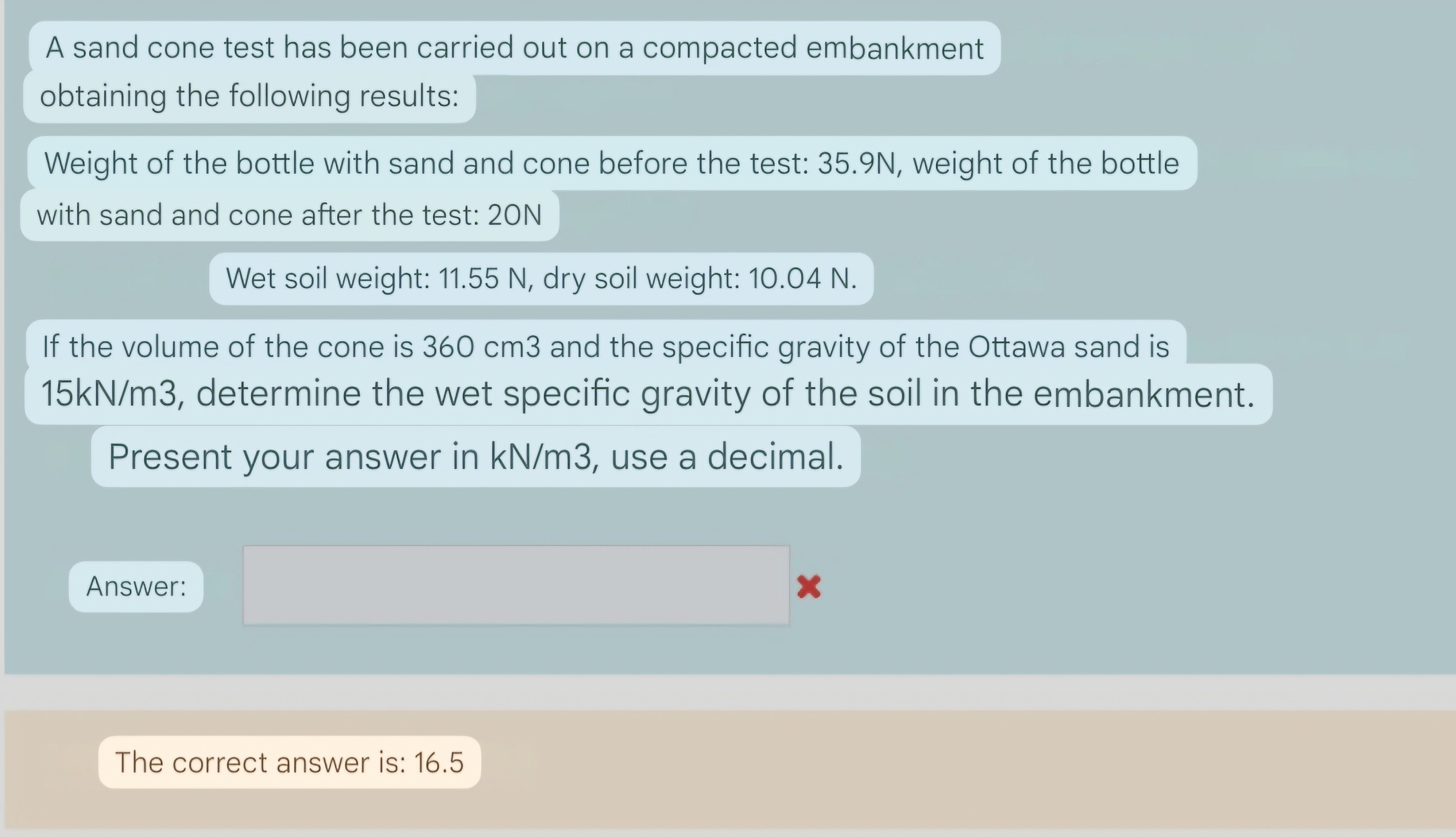 Sand Cone Math Solved A sand cone test has been carried out on a compacted | Chegg.com