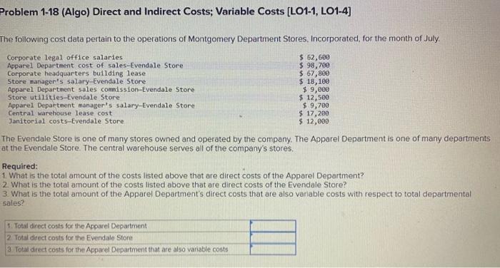 Solved Problem 1-18 (Algo) Direct and Indirect Costs; | Chegg.com
