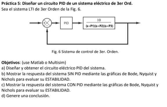 Práctica 5: Diseñar un circuito PID de un sistema eléctrico de 3er Ord. Sea el sistema LTI de 3er Orden de la Fig. 6. Fig. 6