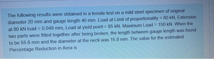 Solved The following results were obtained in a tensile test | Chegg.com