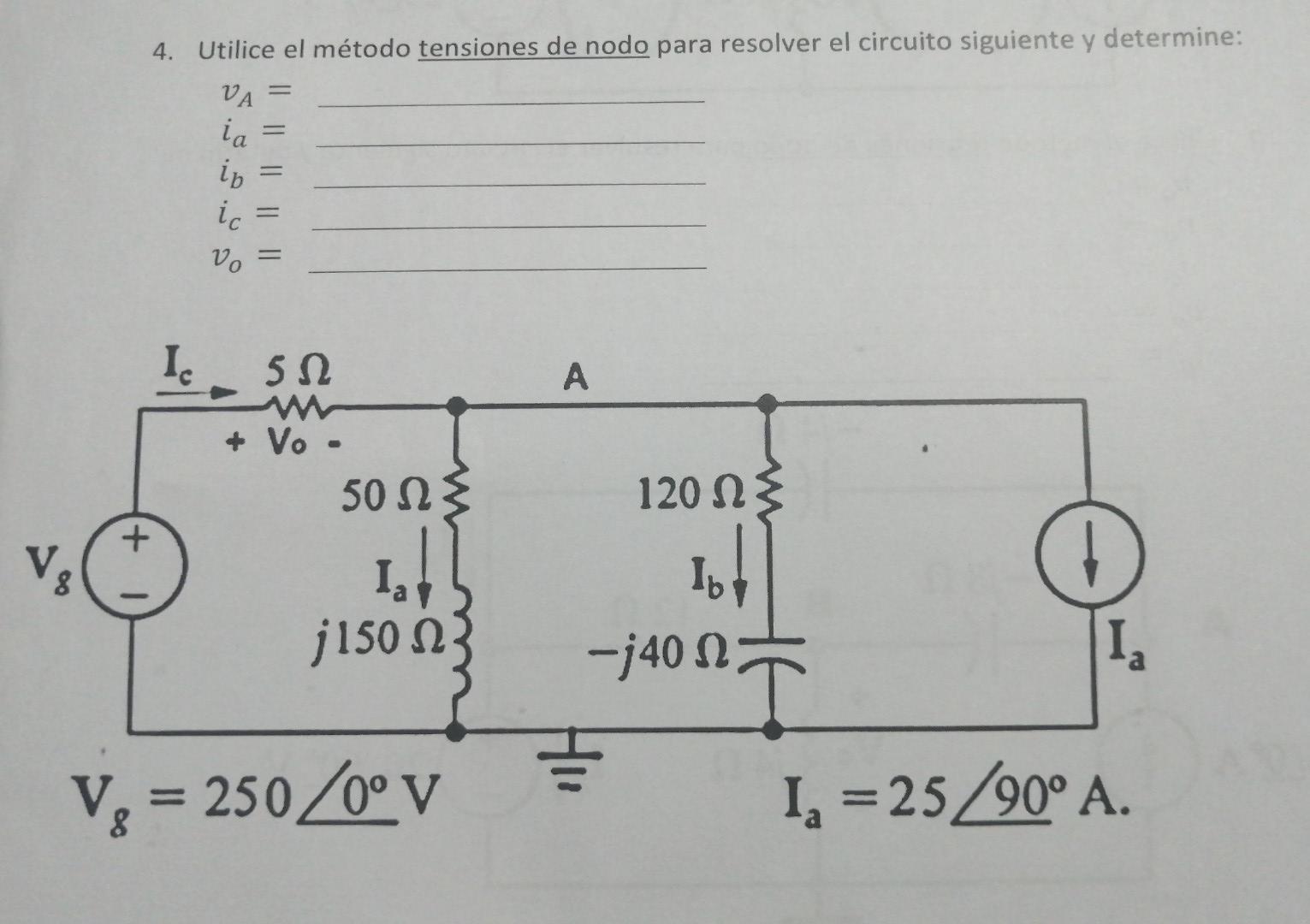 4. Utilice el método tensiones de nodo para resolver el circuito siguiente y determine: \[ \begin{array}{l} v_{A}= \\ i_{a}=